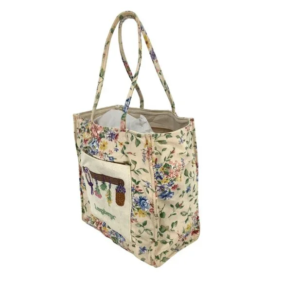 LONGABERGER HOMESTEAD Lined Tote Bag Ivory Color Floral With Embroidered Pocket - Picture 3 of 14